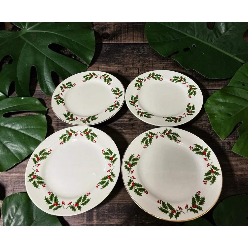Set Of 4 Cake Plates Plate Porcelain Christmas Holly Berries Pattern Gold Trim